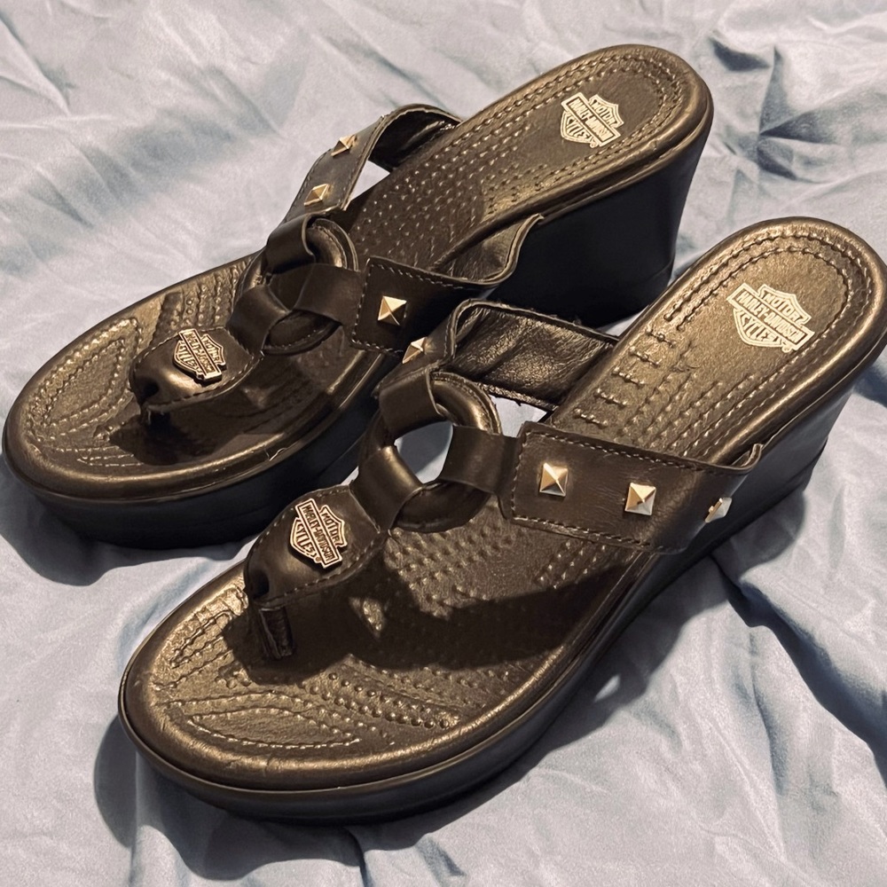 Brand New Harley Davidson Black Leather Sandal Wedges